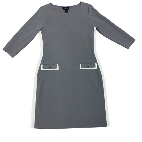 Lauren Ralph Lauren gray ivory white knit bodycon midi dress Sz 10 NWT - Picture 2 of 14